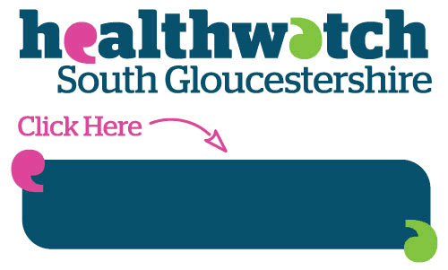 Healthwatch South Gloucestershire logo. Pink text and a pink arrow directs to white text on a blue background which reads: 'Share Your Views'