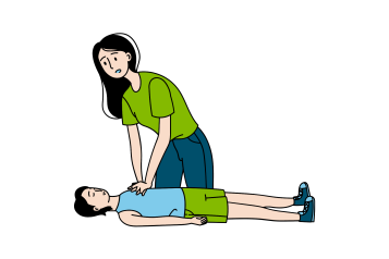 Cartoon-style graphic of a person performing CPR on another individual