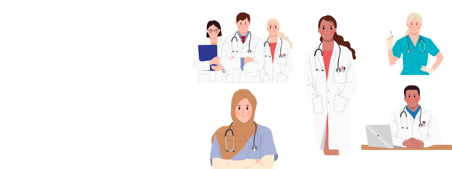 Colourful graphics of a variety of healthcare professionals.